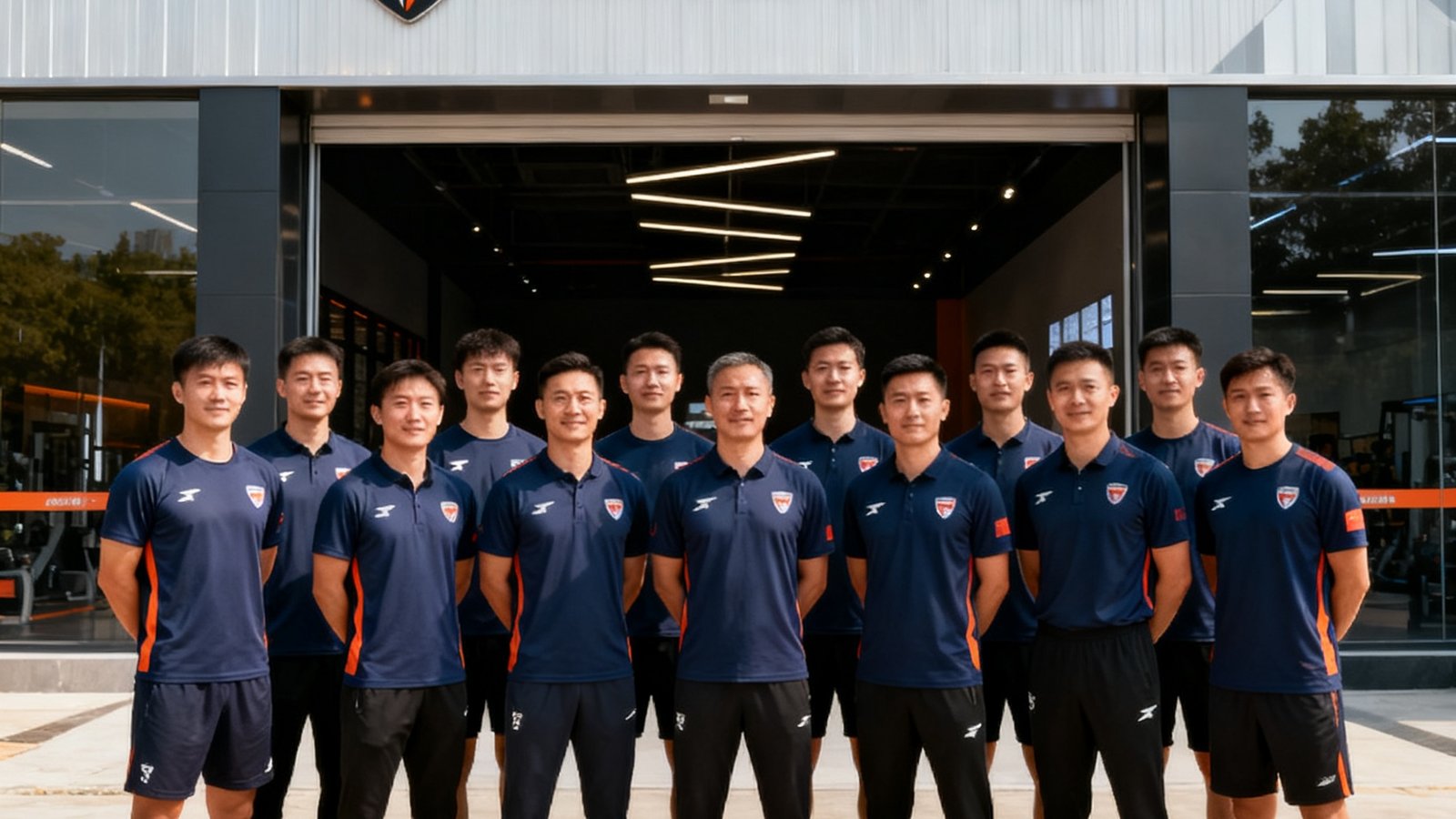 三亿体育创始团队与核心教练组成员在旗舰馆前合影，背景可见场馆入口与品牌标识，团队成员身着统一运动服装，展现专业风貌。