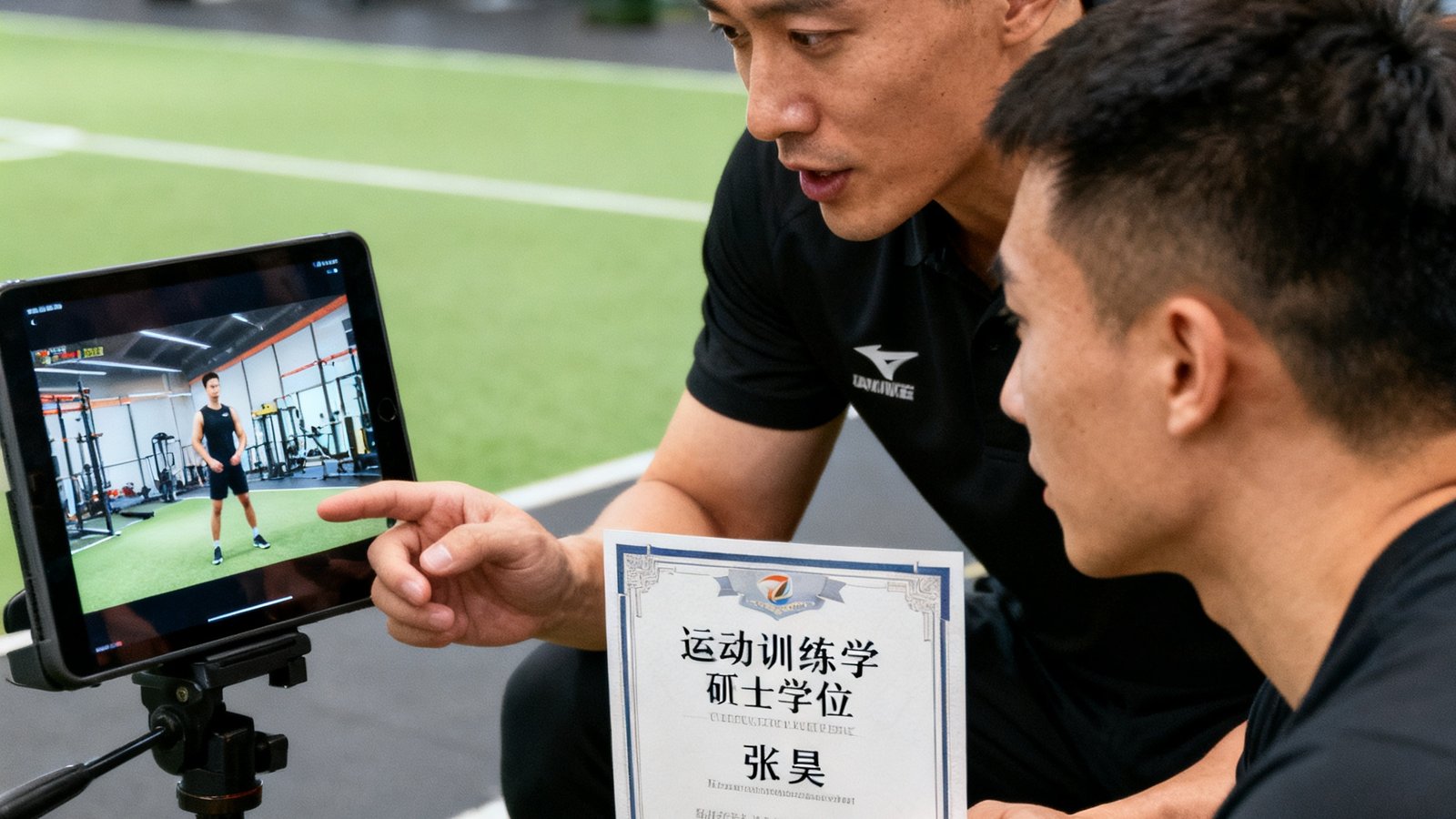 三亿体育私教教练张昊与学员在场边分析训练视频，张教练持有运动训练学硕士学位，专注个性化私教方案制定。