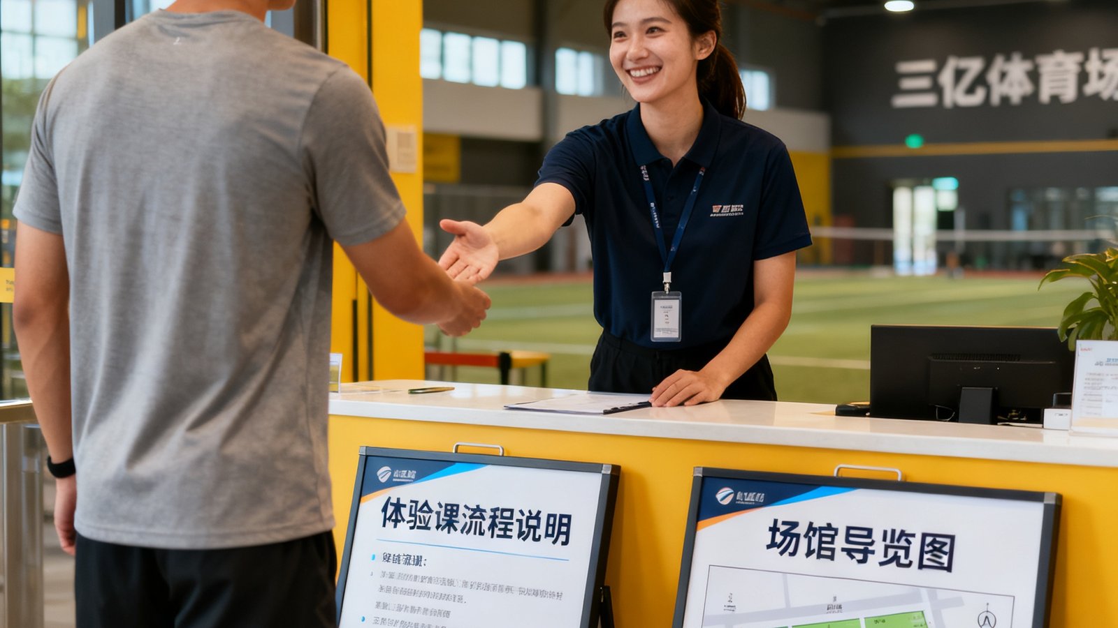 三亿体育场馆入口处免费体验课接待区，工作人员热情迎接新学员，现场展示体验课流程说明与场馆导览图。